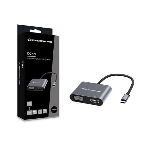 Conceptronic Notebook Dokkoló - DONN16G (Bemenet: USB-C, Kimenet: HDMI+VGA+USB-A PD:100W, ezüst)