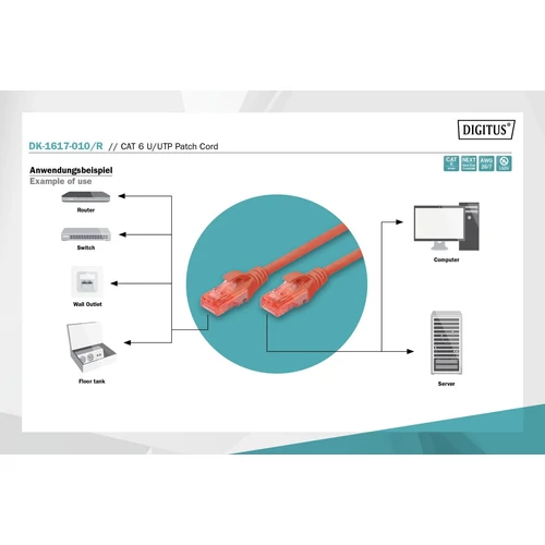 DIGITUS CAT6 U/UTP LSZH 1m piros patch kábel