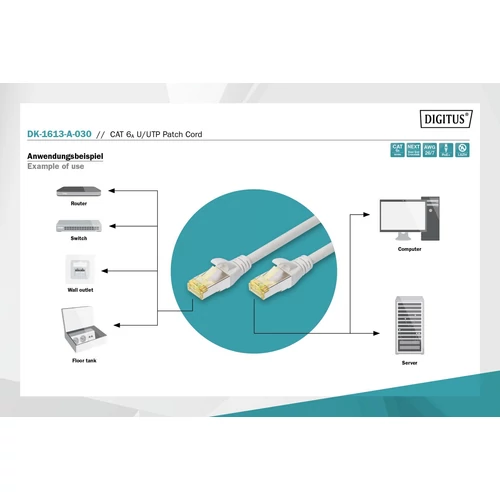 DIGITUS CAT6A U/UTP 3m szürke patch kábel