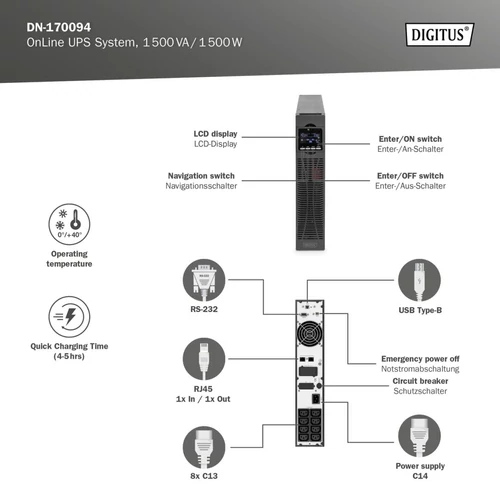 DIGITUS DN-170094 1500VA 1500W fekete online rack szünetmentes tápegység