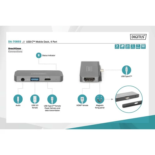 Digitus USB-C Mobile Dock 4 Port Gray