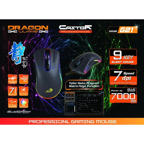 Dragon War Egér - Caster (Vezetékes, Optikai, USB, 7000 DPI, 7 gomb, fekete)