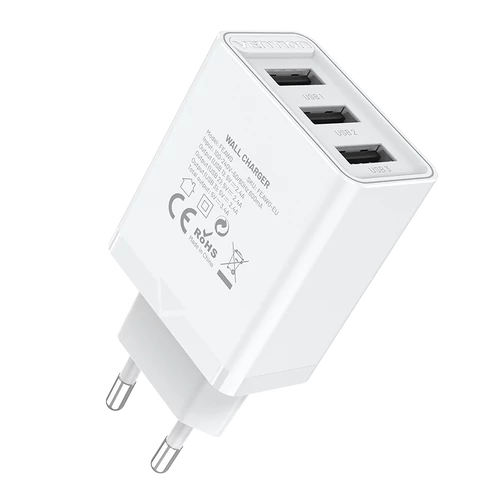 TÖLTŐ USB-A+A+A (12W/12W/12W, 3-portos, fehér), Vention