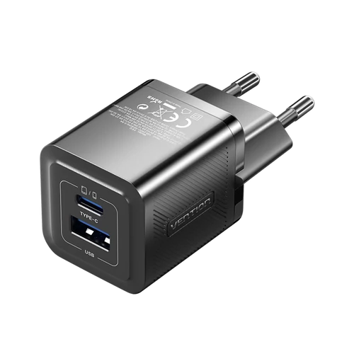 TÖLTŐ USB-C+A (30W/30W, 2-portos, fekete, GaN), Vention