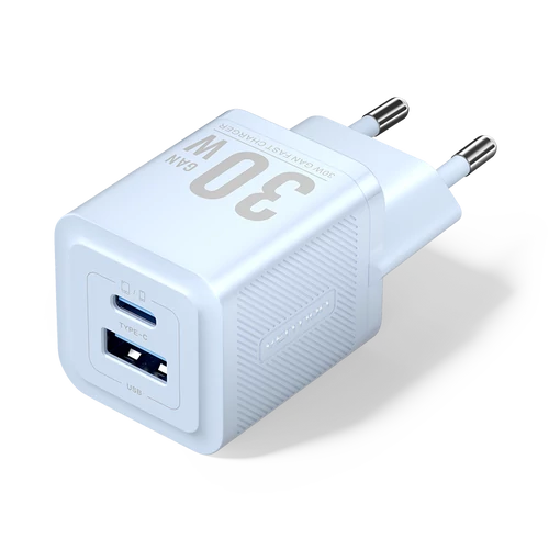 TÖLTŐ USB-C+A (30W/30W, 2-portos, kék, GaN), Vention
