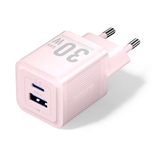 TÖLTŐ USB-C+A (30W/30W, 2-portos, pink, GaN), Vention