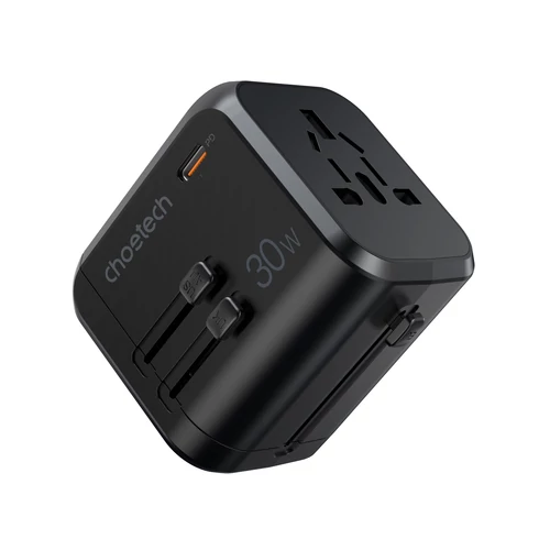TÖLTŐ USB-C+A*3 (30W, fekete, travel, US,UK,EU,AU),Choetech
