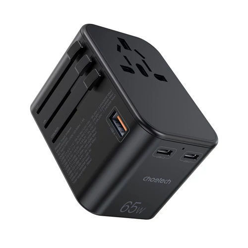 TÖLTŐ USB-C*2+A (65W, fekete, travel, US,UK,EU,AU),Choetech