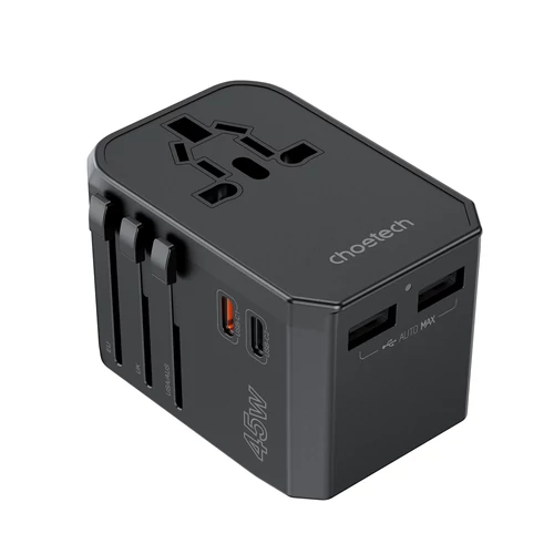 TÖLTŐ USB-C*2+A*2(45W, fekete, travel, US,UK,EU,AU),Choetech