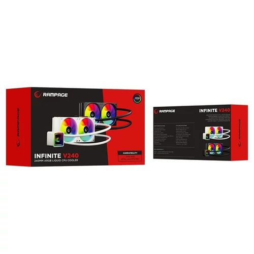 Rampage CPU Water Cooler - INFINITE V240 (Mágneses kijelző, 36,9dB max., 98,54 m3/h; 2x12cm, A-RGB LED, fehér)