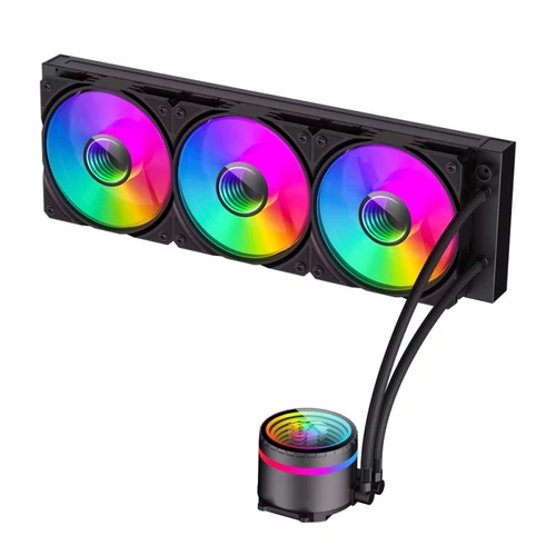 Rampage CPU Water Cooler - INFINITE V360 (Mágneses kijelző, 36,9dB max., 98,54 m3/h; 3x12cm, A-RGB LED, fekete)