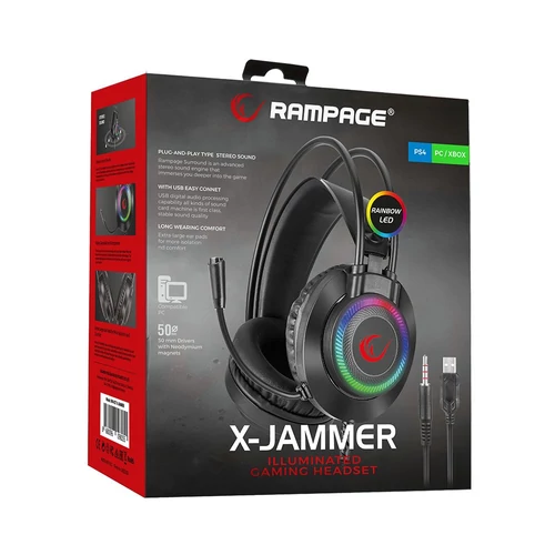 Rampage Fejhallgató - RM-K27 X-JAMMER (mikrofon, 3,5 mm Jack, hangerőszabályzó, nagy-párnás, fekete, RGB LED)