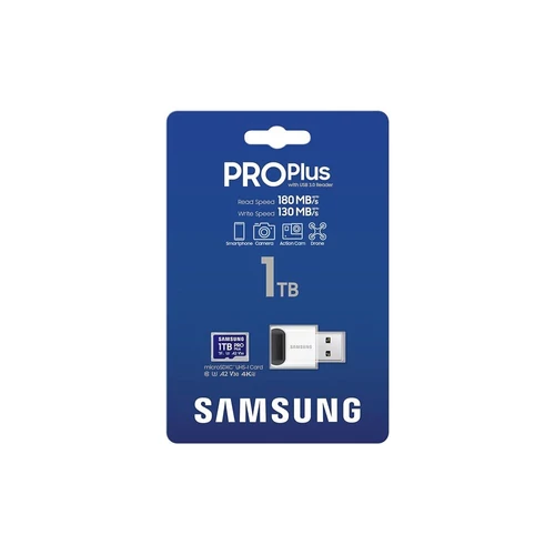 Samsung MicroSD kártya - 1TB MB-MD1T0SB/WW (PRO PLUS kártyaolvasóval, microSDXC, UHS-I, R180/W130, adapter, 1TB)