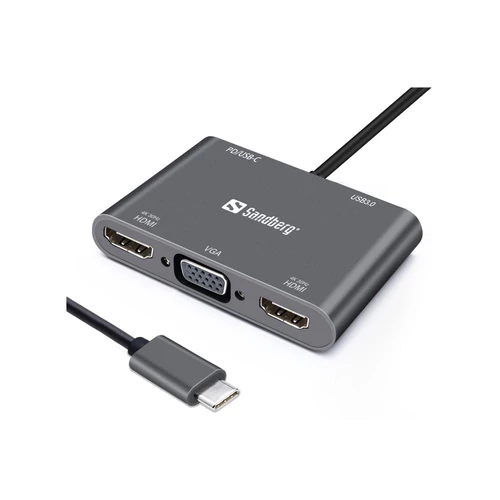 Sandberg USB-C Dock 2xHDMI+1xVGA+USB+PD Gray