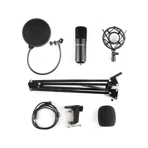 Sandberg Mikrofon - Streamer USB Microphone Kit (fekete; USB; Pop-filter; lökés-csillapító; állítható asztali tartókar)