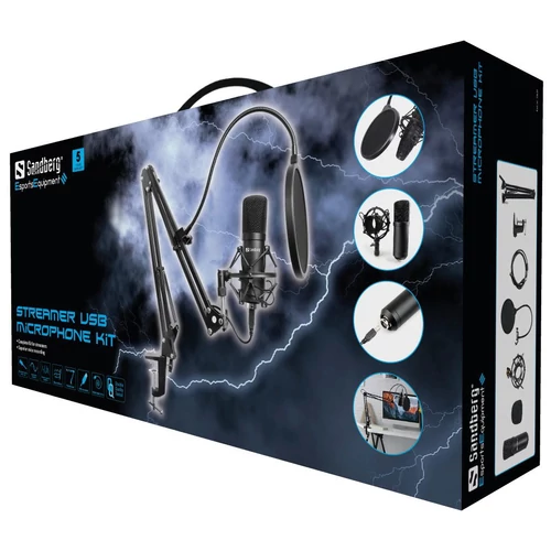 Sandberg Mikrofon - Streamer USB Microphone Kit (fekete; USB; Pop-filter; lökés-csillapító; állítható asztali tartókar)