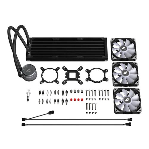Sharkoon CPU Water Cooler - S90 RGB AIO 360 mm (max. 35 dB (A); max. 131.93 m3/h; 3x12cm, A-RGB LED, fekete)