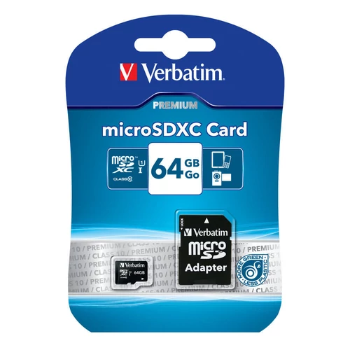 Memóriakártya, microSDXC, 64GB, CL10/U1, 90/10 MB/s, adapter, VERBATIM 