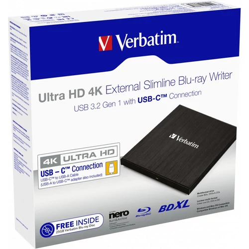 Blu-ray író, (külső meghajtó), 4K Ultra HD, USB 3.1 GEN 1 USB-C, VERBATIM 
